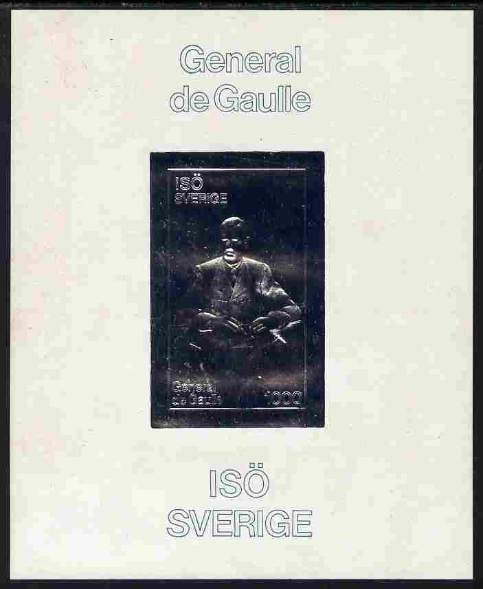Iso - Sweden 1979 Charles de Gaulle 1000 value imperf embossed in silver on thin card, stamps on personalities, stamps on de gaulle, stamps on constitutions, stamps on  ww2 , stamps on militaria