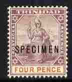 Trinidad 1896-1906 Btitannia 4d Crown CA overprinted SPECIMEN fresh with gum SG 118s (only about 750 produced), stamps on , stamps on  stamps on specimen