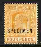 Bahamas 1902-10 KE7 4d overprinted SPECIMEN fresh with gum but vert crease SG 44s (only about 750 produced)