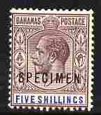 Bahamas 1912-18 KG5 5s MCA overprinted SPECIMEN fresh with gum SG 88s (only about 400 produced), stamps on specimen