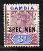 Gambia 1898-1902 QV Key Plate 3d Crown CA overprinted SPECIMEN fresh with gum SG 41s (only about 750 produced), stamps on , stamps on  stamps on specimen