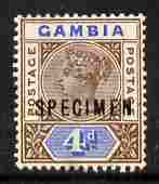 Gambia 1898-1902 QV Key Plate 4d Crown CA overprinted SPECIMEN fresh with gum SG 42s (only about 750 produced), stamps on , stamps on  stamps on specimen