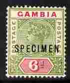 Gambia 1898-1902 QV Key Plate 6d Crown CA overprinted SPECIMEN fresh with gum SG 43s (only about 750 produced), stamps on , stamps on  stamps on specimen