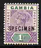 Gambia 1898-1902 QV Key Plate 1s Crown CA overprinted SPECIMEN fresh with gum SG 44s (only about 750 produced), stamps on specimen