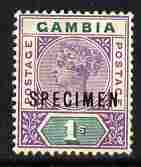 Gambia 1898-1902 QV Key Plate 1s Crown CA overprinted SPECIMEN fresh with gum SG 44s (only about 750 produced)