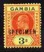 Gambia 1902-05 KE7 Crown CA 3s overprinted SPECIMEN fresh with gum SG 56s (only about 750 produced), stamps on , stamps on  stamps on specimen