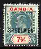 Gambia 1904-06 KE7 MCA 7.5d overprinted SPECIMEN fresh with gum SG 65s (only about 750 produced), stamps on specimen