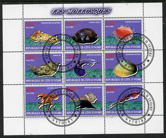 Ivory Coast 2009 Shells perf sheetlet containing 9 values fine cto used, stamps on marine life, stamps on shells