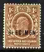 Kenya, Uganda & Tanganyika 1907-08 KE7 1c MCA overprinted SPECIMEN fresh with gum SG 34s (only about 400 produced), stamps on , stamps on  stamps on specimen