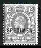 Kenya, Uganda & Tanganyika 1921-22 KG5 12c Script CA overprinted SPECIMEN fresh with gum SG 69s (only about 400 produced), stamps on , stamps on  stamps on specimen