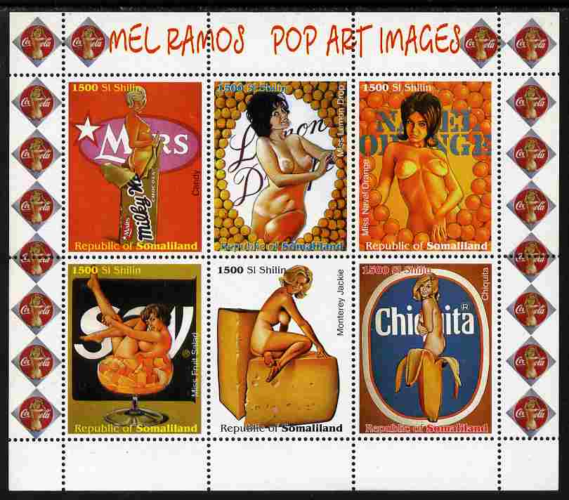 Somaliland 1999 Mel Ramos - Pop Art Images #1 perf sheetlet containing 6 values unmounted mint, stamps on , stamps on  stamps on arts, stamps on  stamps on pin ups, stamps on  stamps on nudes, stamps on  stamps on fantasy, stamps on  stamps on fruit, stamps on  stamps on food