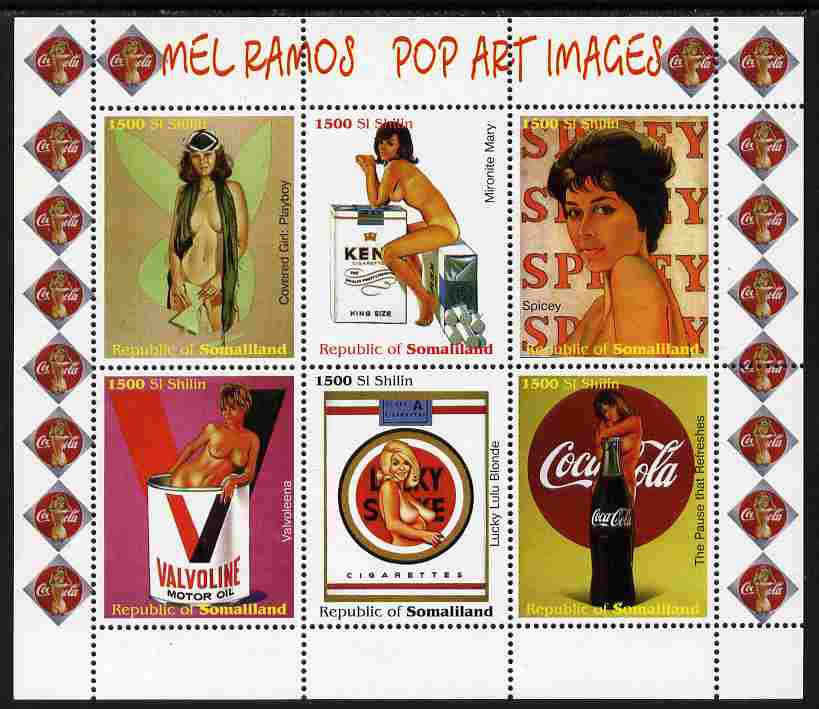 Somaliland 1999 Mel Ramos - Pop Art Images #2 perf sheetlet containing 6 values unmounted mint, stamps on arts, stamps on pin ups, stamps on nudes, stamps on fantasy, stamps on tobacco, stamps on cigarettes, stamps on 