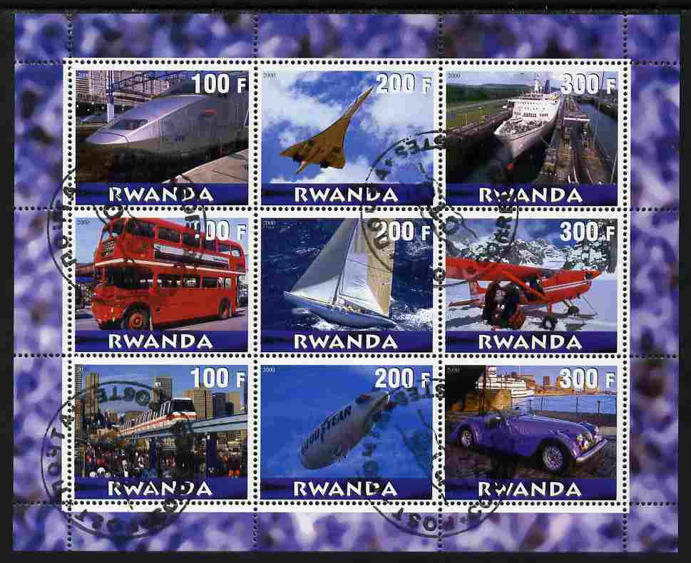 Rwanda 2000 Various Transports perf sheetlet containing 9 values (Concorde, Buses, etc) fine cto used, stamps on , stamps on  stamps on transport, stamps on  stamps on railways, stamps on  stamps on aviation, stamps on  stamps on concorde, stamps on  stamps on ships, stamps on  stamps on buses, stamps on  stamps on sailing, stamps on  stamps on airships, stamps on  stamps on cars