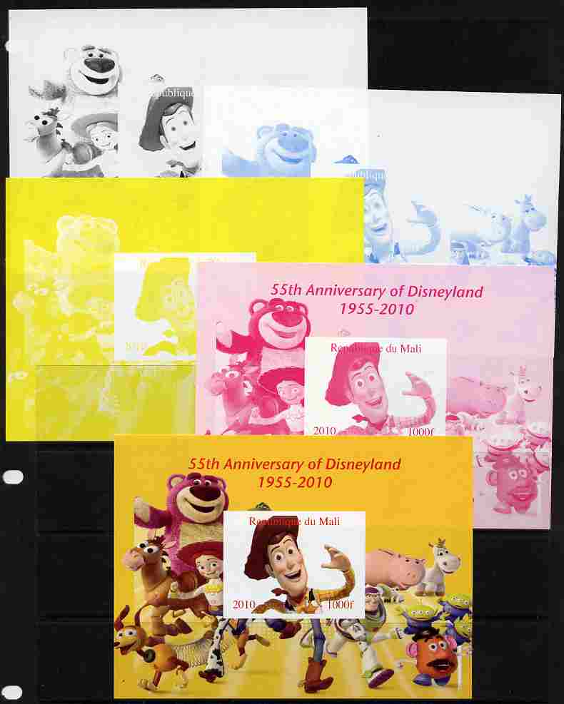 Mali 2010 55th Anniversary of Disneyland - Toy Story #2 s/sheet - the set of 5 imperf progressive proofs comprising the 4 individual colours plus all 4-colour composite, unmounted mint , stamps on disney, stamps on toys, stamps on films, stamps on cinema, stamps on movies