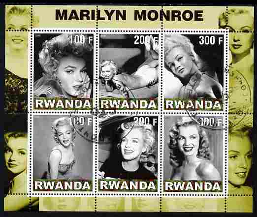 Rwanda 2000 Marilyn Monroe perf sheetlet containing 6 values fine cto used, stamps on personalities, stamps on films, stamps on cinema, stamps on music, stamps on marilyn, stamps on marilyn monroe