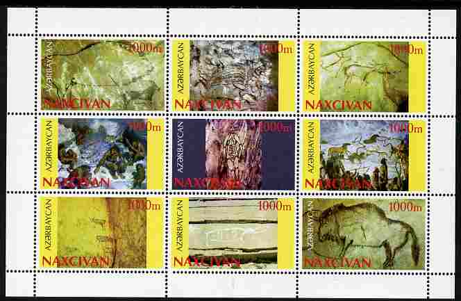 Naxcivan Republic 1998 Pre-historic life & Rock Paintings perf sheetlet containing 9 values unmounted mint , stamps on dinosaurs, stamps on arts, stamps on fossils