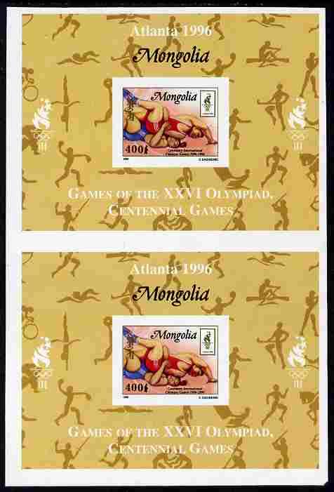 Mongolia 1996 Atlanta Olympics 400t (Wrestling) pair of individual imperf deluxe sheets from uncut proof sheet, unmounted mint and rare, stamps on , stamps on  stamps on olympics, stamps on  stamps on sport, stamps on  stamps on wrestling