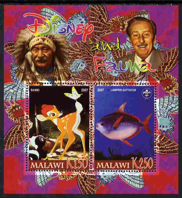 Malawi 2007 Disney & Fauna #02 perf sheetlet containing 2 values unmounted mint. Note this item is privately produced and is offered purely on its thematic appeal, it has..., stamps on disney, stamps on scouts, stamps on indians, stamps on animals, stamps on films, stamps on cinema, stamps on movies, stamps on cartoons, stamps on butterflies, stamps on fish