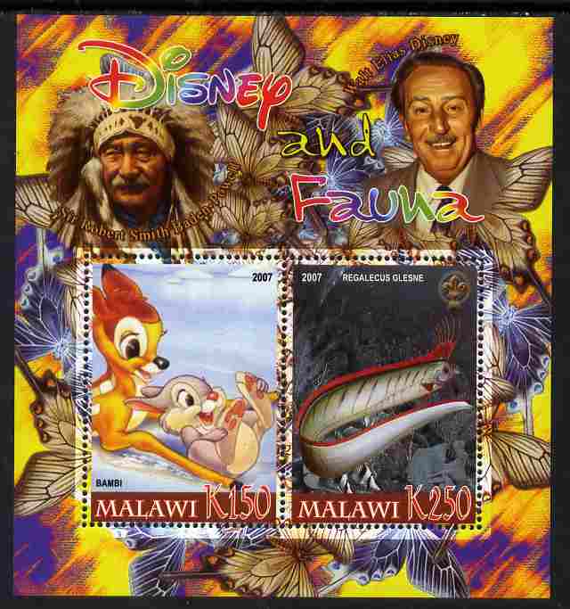 Malawi 2007 Disney & Fauna #05 perf sheetlet containing 2 values unmounted mint. Note this item is privately produced and is offered purely on its thematic appeal, it has..., stamps on disney, stamps on scouts, stamps on indians, stamps on animals, stamps on films, stamps on cinema, stamps on movies, stamps on cartoons, stamps on butterflies, stamps on fish