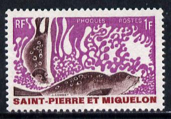 St Pierre & Miquelon 1969 Marine Animals 1f (Seal) unmounted mint SG 470, stamps on animals      marine-life     polar   seal