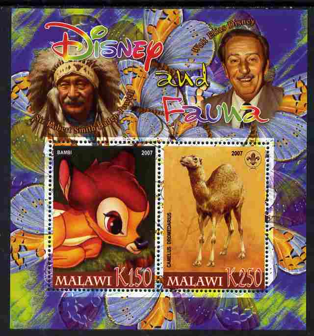 Malawi 2007 Disney & Fauna #09 perf sheetlet containing 2 values unmounted mint. Note this item is privately produced and is offered purely on its thematic appeal, it has no postal validity, stamps on disney, stamps on scouts, stamps on indians, stamps on animals, stamps on films, stamps on cinema, stamps on movies, stamps on cartoons, stamps on butterflies, stamps on camels