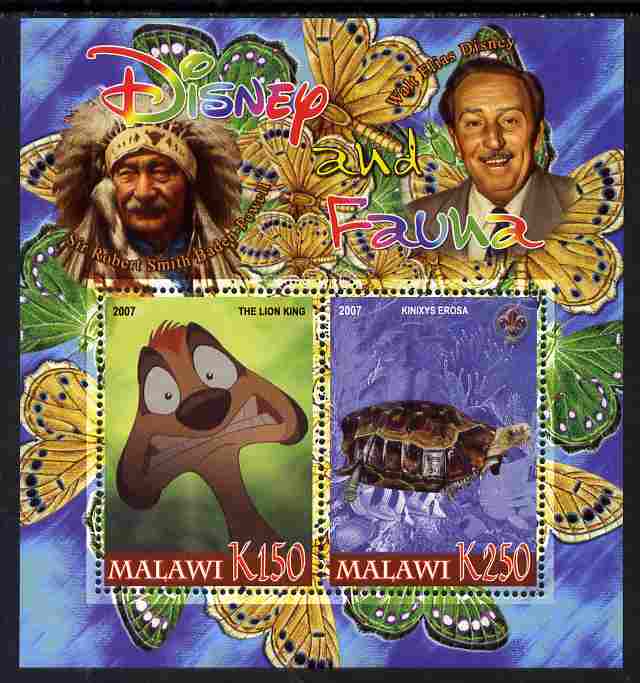 Malawi 2007 Disney & Fauna #10 perf sheetlet containing 2 values unmounted mint. Note this item is privately produced and is offered purely on its thematic appeal, it has no postal validity, stamps on disney, stamps on scouts, stamps on indians, stamps on animals, stamps on films, stamps on cinema, stamps on movies, stamps on cartoons, stamps on butterflies, stamps on tortoise
