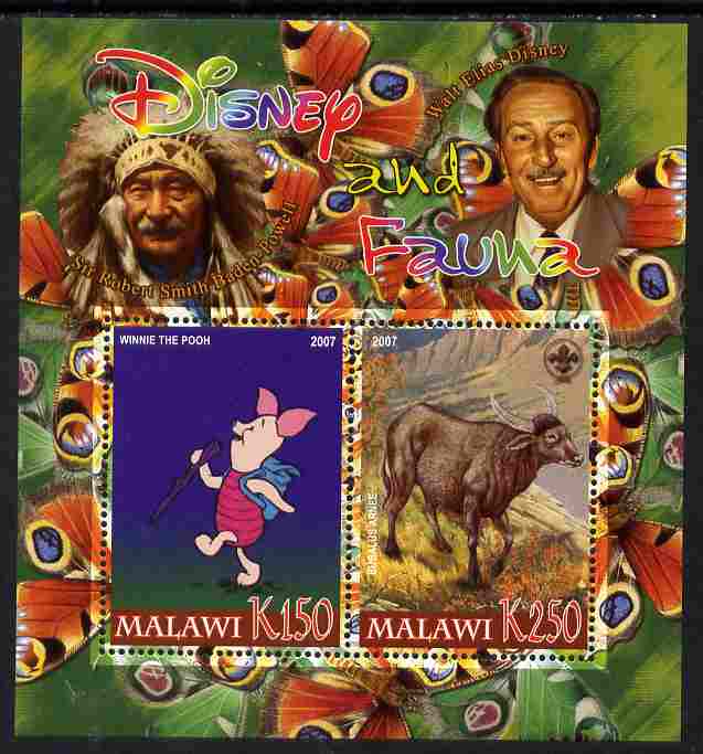 Malawi 2007 Disney & Fauna #16 perf sheetlet containing 2 values unmounted mint. Note this item is privately produced and is offered purely on its thematic appeal, it has no postal validity, stamps on disney, stamps on scouts, stamps on indians, stamps on animals, stamps on films, stamps on cinema, stamps on movies, stamps on cartoons, stamps on butterflies, stamps on buffalo, stamps on bovine