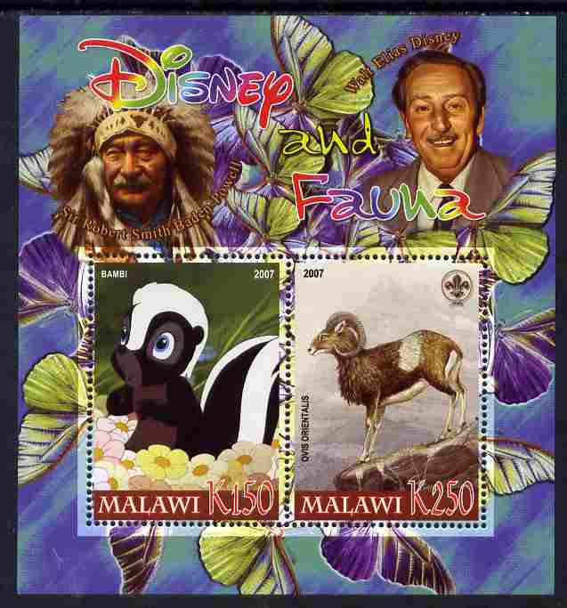 Malawi 2007 Disney & Fauna #17 perf sheetlet containing 2 values unmounted mint. Note this item is privately produced and is offered purely on its thematic appeal, it has no postal validity, stamps on disney, stamps on scouts, stamps on indians, stamps on animals, stamps on films, stamps on cinema, stamps on movies, stamps on cartoons, stamps on butterflies, stamps on ovine