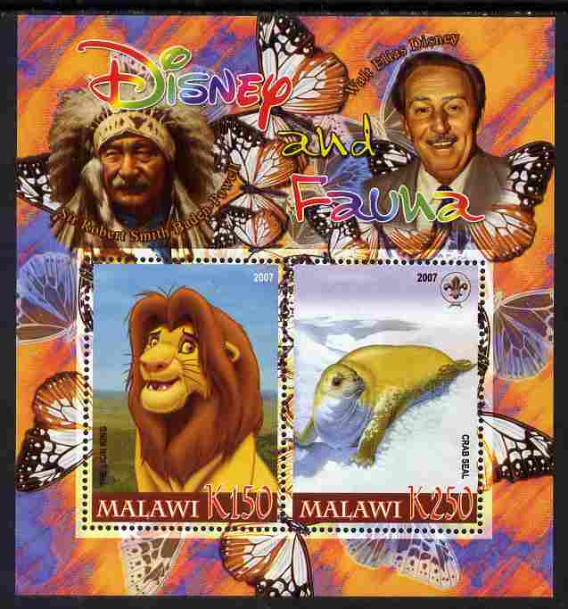 Malawi 2007 Disney & Fauna #18 perf sheetlet containing 2 values unmounted mint. Note this item is privately produced and is offered purely on its thematic appeal, it has..., stamps on disney, stamps on scouts, stamps on indians, stamps on animals, stamps on films, stamps on cinema, stamps on movies, stamps on cartoons, stamps on butterflies, stamps on seals