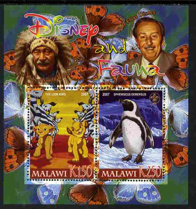 Malawi 2007 Disney & Fauna #20 perf sheetlet containing 2 values unmounted mint. Note this item is privately produced and is offered purely on its thematic appeal, it has no postal validity, stamps on disney, stamps on scouts, stamps on indians, stamps on animals, stamps on films, stamps on cinema, stamps on movies, stamps on cartoons, stamps on butterflies, stamps on penguins