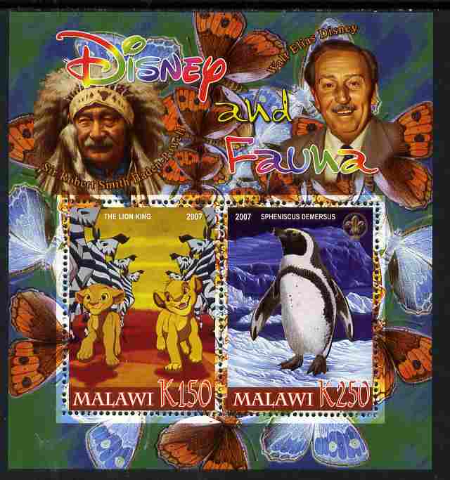 Malawi 2007 Disney & Fauna #20 perf sheetlet containing 2 values unmounted mint. Note this item is privately produced and is offered purely on its thematic appeal, it has..., stamps on disney, stamps on scouts, stamps on indians, stamps on animals, stamps on films, stamps on cinema, stamps on movies, stamps on cartoons, stamps on butterflies, stamps on penguins