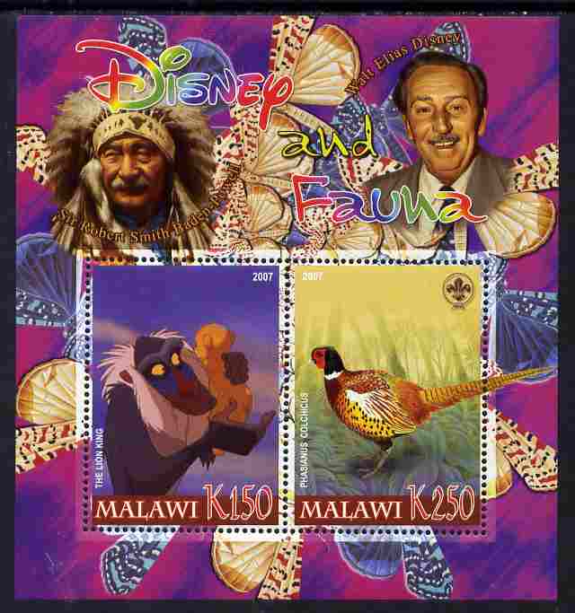 Malawi 2007 Disney & Fauna #21 perf sheetlet containing 2 values unmounted mint. Note this item is privately produced and is offered purely on its thematic appeal, it has no postal validity, stamps on disney, stamps on scouts, stamps on indians, stamps on animals, stamps on films, stamps on cinema, stamps on movies, stamps on cartoons, stamps on butterflies, stamps on apes, stamps on pheasants