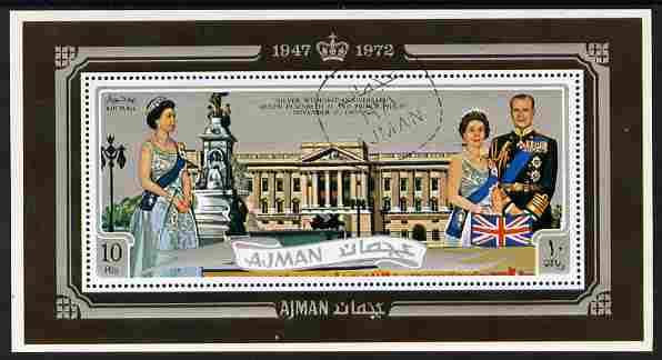 Ajman 1972 Silver Wedding 10R m/sheet fine cto used, stamps on royalty, stamps on silver wedding, stamps on 
