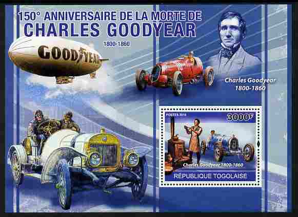 Togo 2010 150th Death Anniversary of Charles Goodyear perf m/sheet unmounted mint , stamps on , stamps on  stamps on transport, stamps on  stamps on cars, stamps on  stamps on tyres, stamps on  stamps on formula 1, stamps on  stamps on  f1 , stamps on  stamps on 