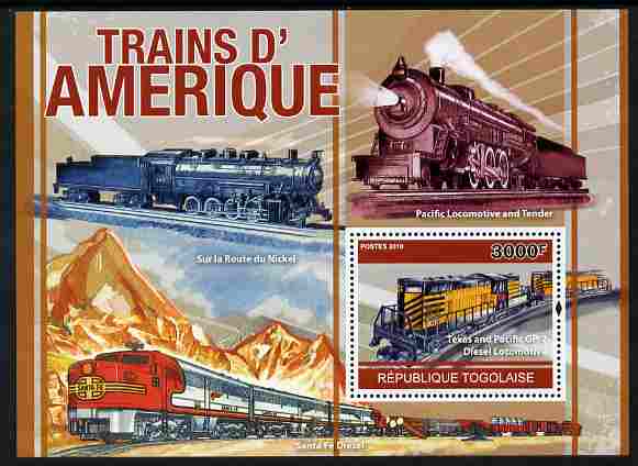 Togo 2010 American Trains perf m/sheet unmounted mint , stamps on transport, stamps on railways