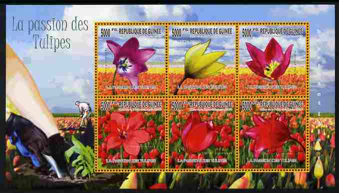 Guinea - Conakry 2010 The Passion of Tulips perf sheetlet containing 6 values unmounted mint , stamps on , stamps on  stamps on flowers, stamps on  stamps on tulips
