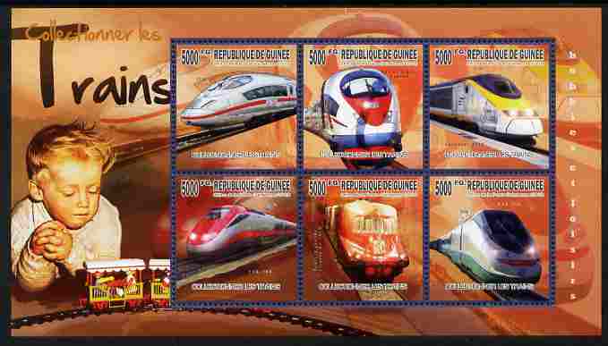 Guinea - Conakry 2010 The Passion for Trains perf sheetlet containing 6 values unmounted mint , stamps on transport, stamps on railways, stamps on toys