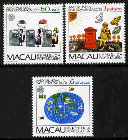 Macao 1983 World Communication Year perf set of 3 unmounted mint SG 575-77, stamps on , stamps on  stamps on communications, stamps on  stamps on telephones, stamps on  stamps on postman, stamps on  stamps on post box, stamps on  stamps on globes