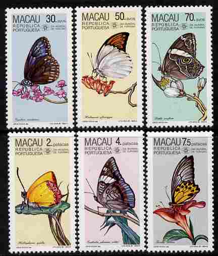 Macao 1985 World Tourism Day - Butterflies perf set of 6 unmounted mint SG 610-15, stamps on butterflies, stamps on tourism