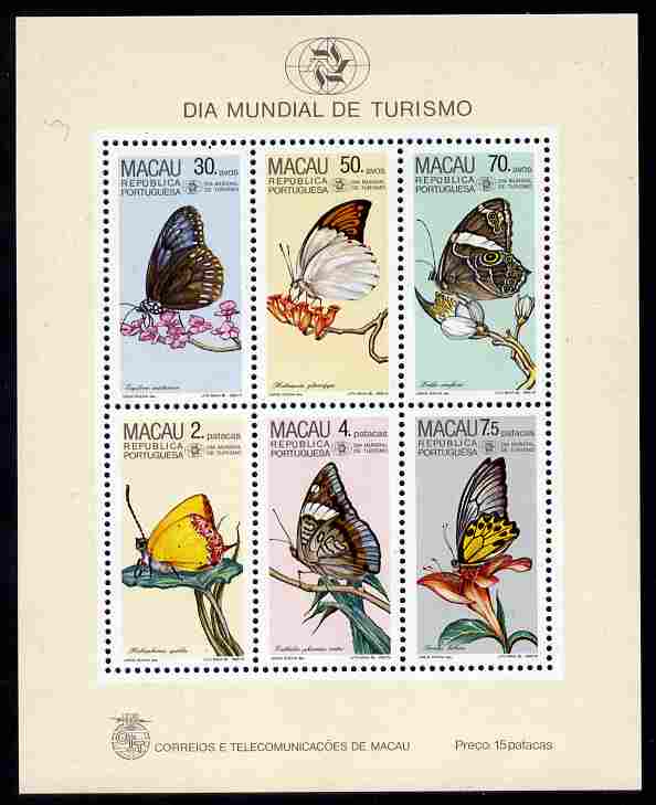 Macao 1985 World Tourism Day - Butterflies perf m/sheet unmounted mint SG MS616, stamps on butterflies, stamps on tourism