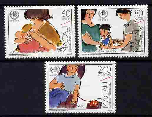 Macao 1988 40th Anniversary of World Health Organisation perf set of 3 unmounted mint SG 666-68, stamps on , stamps on  stamps on health, stamps on  stamps on medical, stamps on  stamps on  who , stamps on  stamps on 