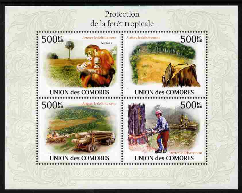 Comoro Islands 2009 Protection of Tropical Forests perf sheetlet containing 4 values unmounted mint, Michel 2732-35, stamps on environment, stamps on trees, stamps on apes, stamps on trucks, stamps on timber