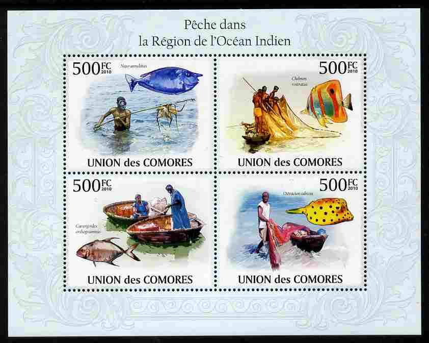 Comoro Islands 2009 Fishing in Indian Ocean perf sheetlet containing 4 values unmounted mint, Michel 2686-89, stamps on , stamps on  stamps on fish, stamps on  stamps on fishing, stamps on  stamps on ships, stamps on  stamps on 