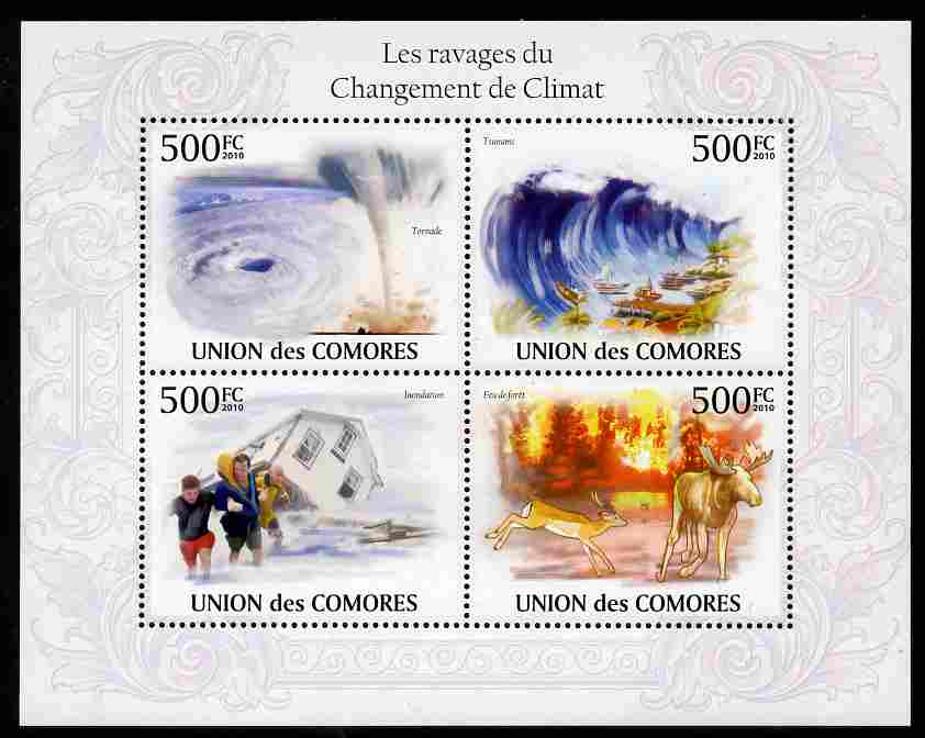 Comoro Islands 2009 Climate Change perf sheetlet containing 4 values unmounted mint, Michel 2741-44, stamps on , stamps on  stamps on environment, stamps on  stamps on disasters, stamps on  stamps on fire, stamps on  stamps on animals, stamps on  stamps on weather