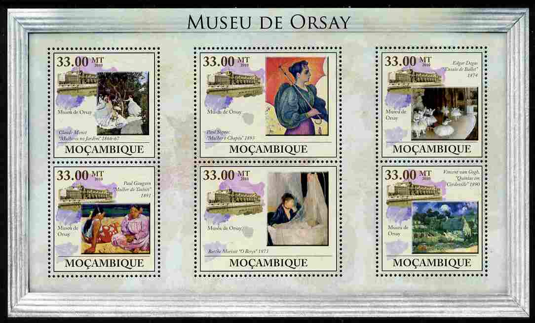 Mozambique 2010 The Orsay Museum, Paris perf sheetlet containing 6 values unmounted mint, Yvert 3260-65, stamps on , stamps on  stamps on arts.museums, stamps on  stamps on monet, stamps on  stamps on degas, stamps on  stamps on gauguin, stamps on  stamps on morisot, stamps on  stamps on van gogh