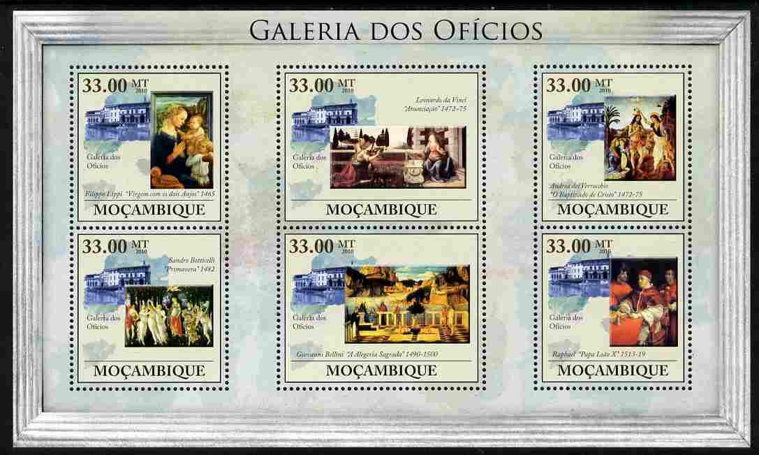 Mozambique 2010 The Uffizi Gallery, Florence perf sheetlet containing 6 values unmounted mint, Yvert 3266-71, stamps on , stamps on  stamps on arts.museums, stamps on  stamps on da vinci, stamps on  stamps on leonardo, stamps on  stamps on raphael, stamps on  stamps on popes, stamps on  stamps on 