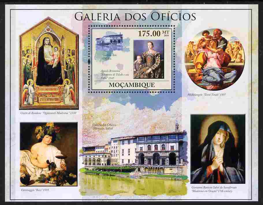 Mozambique 2010 The Uffizi Gallery, Florence perf m/sheet unmounted mint, Yvert 302, stamps on , stamps on  stamps on arts.museums, stamps on  stamps on michelangelo, stamps on  stamps on caravaggio, stamps on  stamps on 