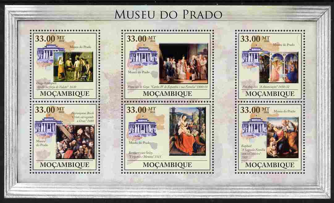 Mozambique 2010 The Prado Museum, Spain perf sheetlet containing 6 values unmounted mint, Yvert 3272-77, stamps on , stamps on  stamps on arts.museums, stamps on  stamps on bosch, stamps on  stamps on velazquez, stamps on  stamps on goya, stamps on  stamps on raphael