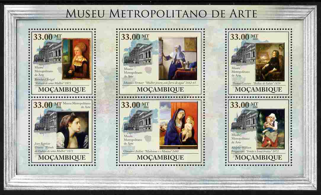 Mozambique 2010 The Metropolitan Museum of Art, New York perf sheetlet containing 6 values unmounted mint, Yvert 3278-83, stamps on , stamps on  stamps on arts.museums, stamps on  stamps on vermeer, stamps on  stamps on bellini, stamps on  stamps on 