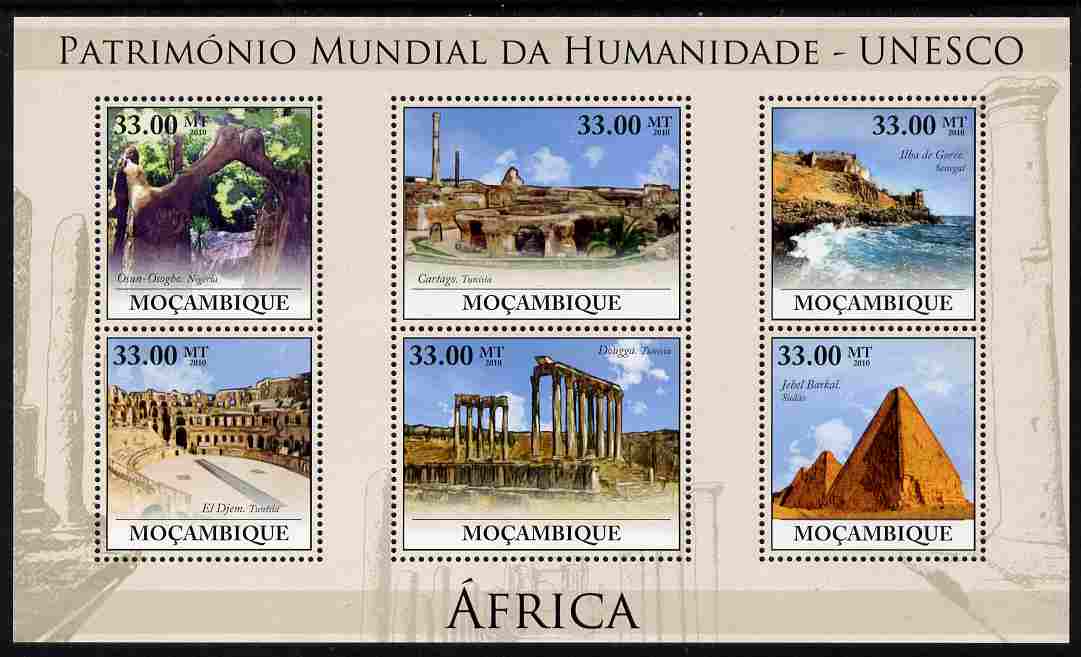 Mozambique 2010 UNESCO World Heritage Sites - Africa #2 perf sheetlet containing 6 values unmounted mint, Yvert 3206-11, stamps on , stamps on  stamps on tourism, stamps on  stamps on unesco, stamps on  stamps on heritage